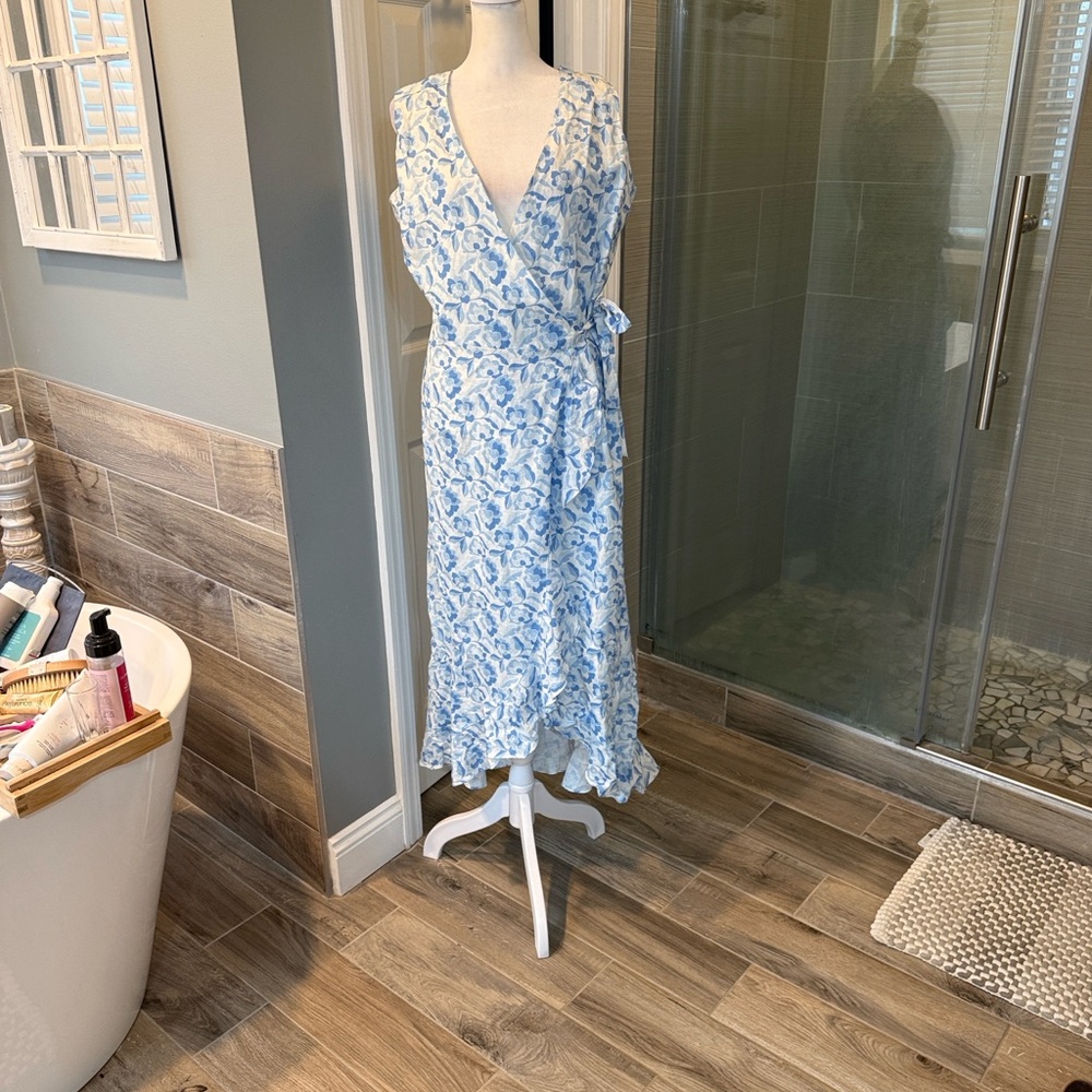 J McLaughlin Cerise Linen Blend Blue and White Floral Maxi Dress Medium - Picture 4 of 11